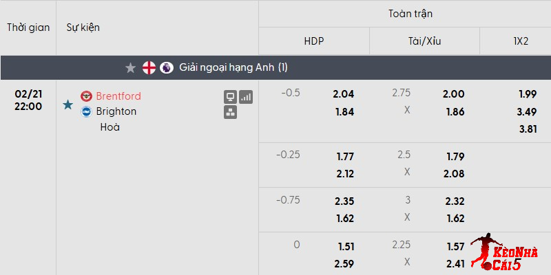 Tỷ lệ kèo Brentford vs Brighton mới nhất