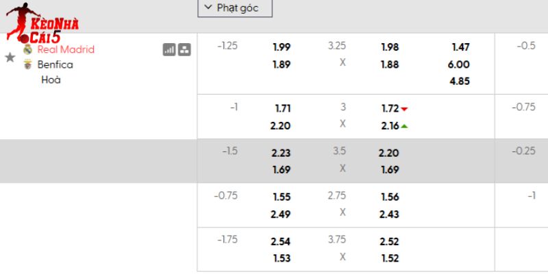 Tỷ lệ kèo Real Madrid vs Benfica